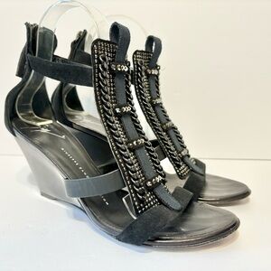 Giuseppe Zanotti Black Suede Leather Swarovski Crystal Gladiator Wedge Sandals